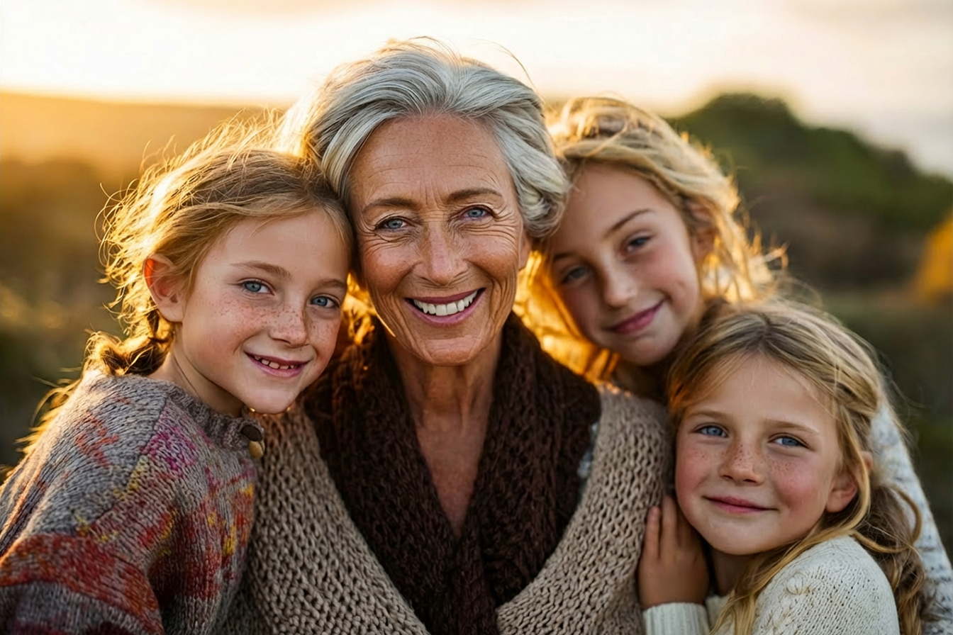 Grandmother with grandchildren, warm golden hour light