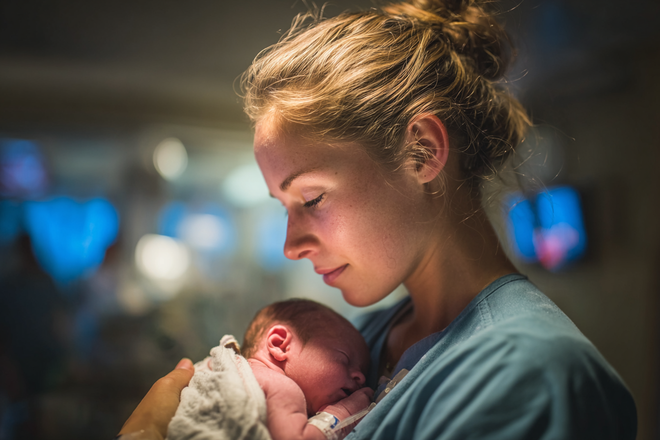 Nurse holding newborn in NICU